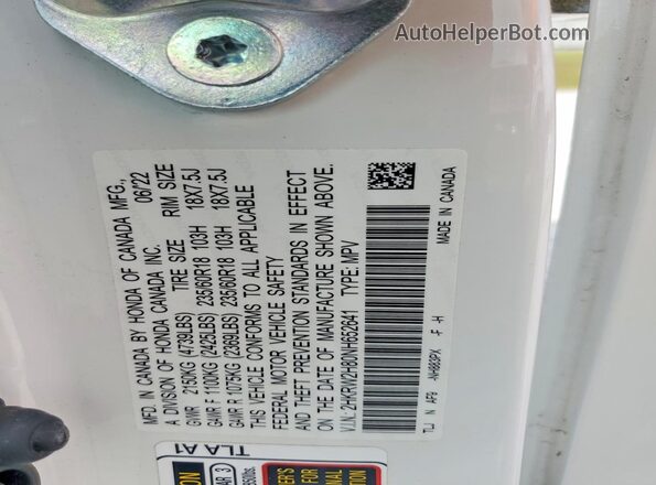 2HKRW2H80NH652641 2022 HONDA CR-V Белый Вид наклейки с VIN-кодом
