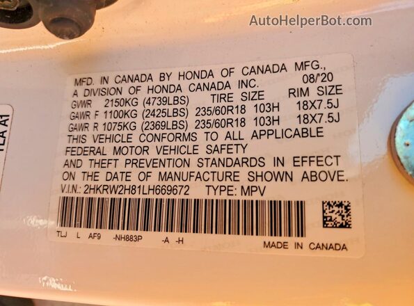 2HKRW2H81LH669672 2020 HONDA CR-V White Вид наклейки з VIN-кодом