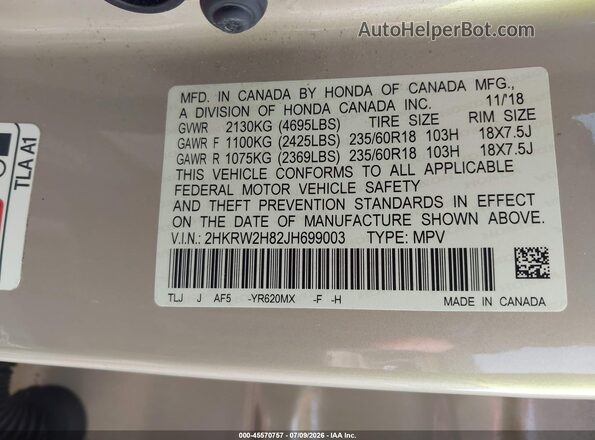 2HKRW2H82JH699003 2018 HONDA CR-V Tan Вид підкапотного простору
