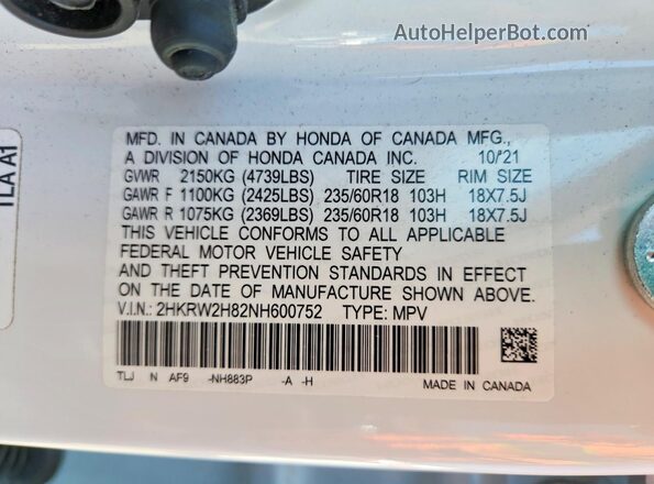 2HKRW2H82NH600752 2022 HONDA CR-V White Widok naklejki z numerem VIN
