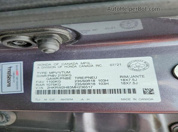 2HKRW2H83MH236517 2021 HONDA CR-V Gray Widok naklejki z numerem VIN