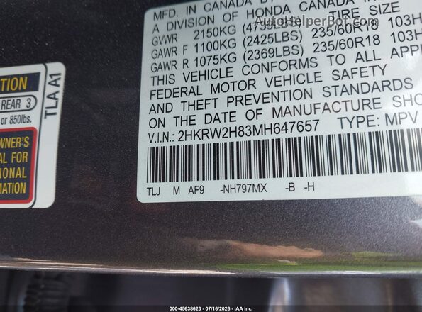 2HKRW2H83MH647657 2021 HONDA CR-V Pewter Շարժիչի բաժամունքի տեսք