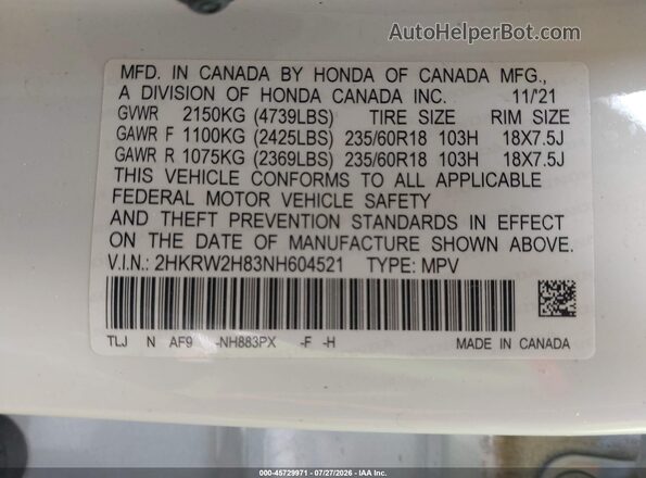 2HKRW2H83NH604521 2022 HONDA CR-V White ძრავის განყოფილების ხედი