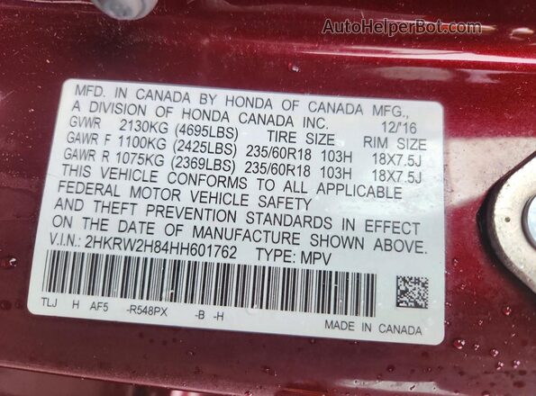 2HKRW2H84HH601762 2017 HONDA CR-V Burgundy VIN sticker view