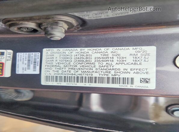 2HKRW2H84LH677619 2020 HONDA CR-V Gray Вид наклейки з VIN-кодом