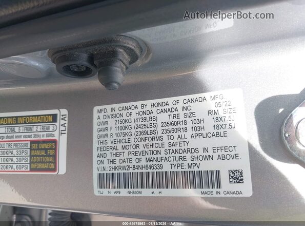 2HKRW2H84NH646339 2022 HONDA CR-V Silver ძრავის განყოფილების ხედი