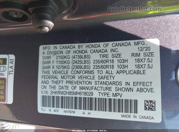 2HKRW2H85MH618029 2021 HONDA CR-V Серый Вид подкапотного пространства