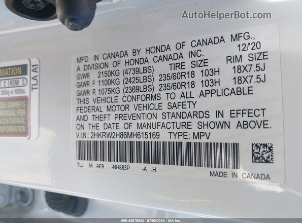 2HKRW2H86MH615169 2021 HONDA CR-V White Вид підкапотного простору