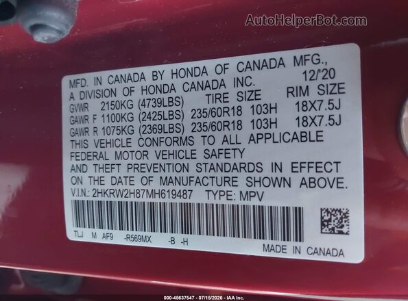 2HKRW2H87MH619487 2021 HONDA CR-V Красный Вид подкапотного пространства