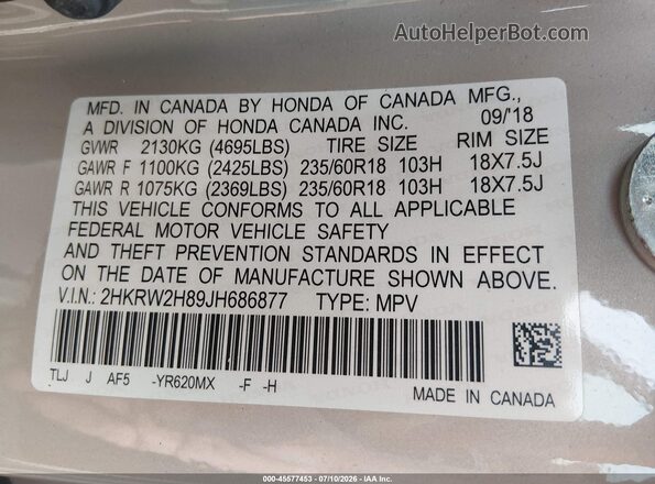 2HKRW2H89JH686877 2018 HONDA CR-V Beige Vista del compartimento del motor