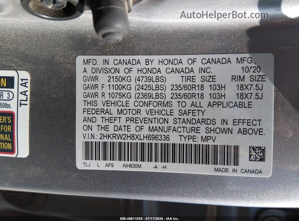 2HKRW2H8XLH696336 2020 HONDA CR-V Silver Vista del compartimento del motor