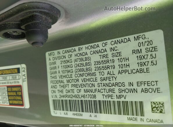 2HKRW2H92LH617038 2020 HONDA CR-V Gray Vista del compartimento del motor