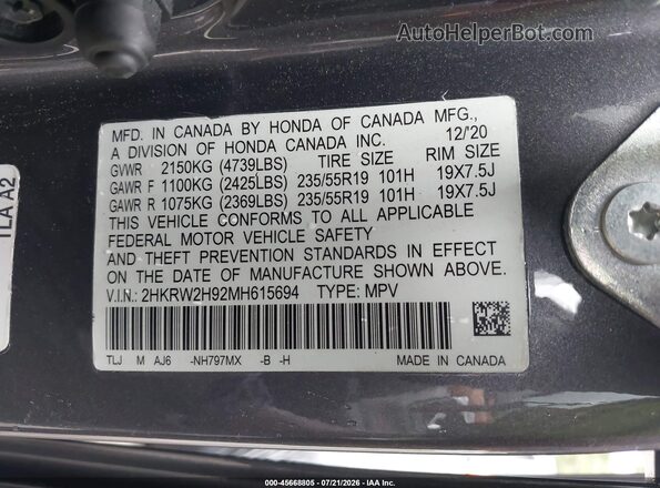 2HKRW2H92MH615694 2021 HONDA CR-V Gray Շարժիչի բաժամունքի տեսք