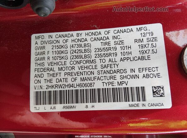 2HKRW2H94LH606087 2020 HONDA CR-V Red Շարժիչի բաժամունքի տեսք