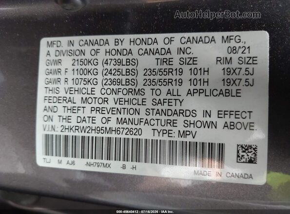 2HKRW2H95MH672620 2021 HONDA CR-V Gray ძრავის განყოფილების ხედი