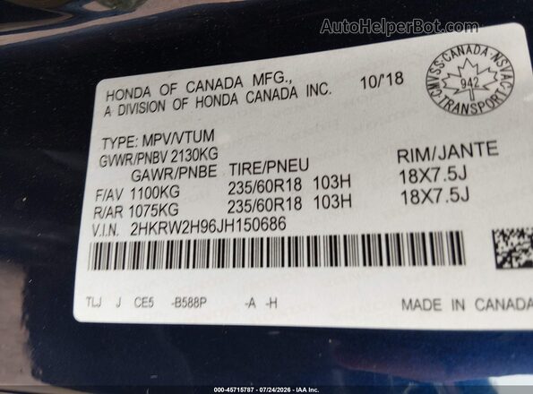 2HKRW2H96JH150686 2018 HONDA CR-V Blue Engine compartment view