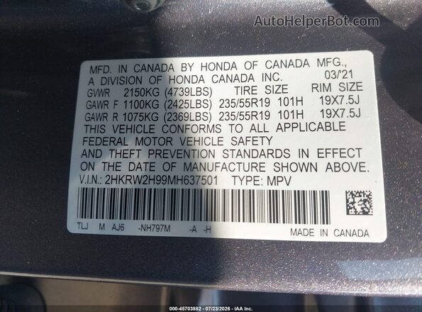 2HKRW2H99MH637501 2021 HONDA CR-V Gray Vista del compartimento del motor