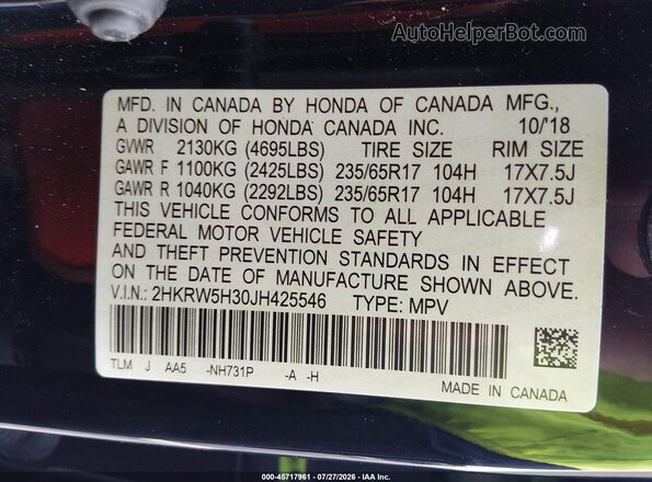 2HKRW5H30JH425546 2018 HONDA CR-V Черный Вид подкапотного пространства