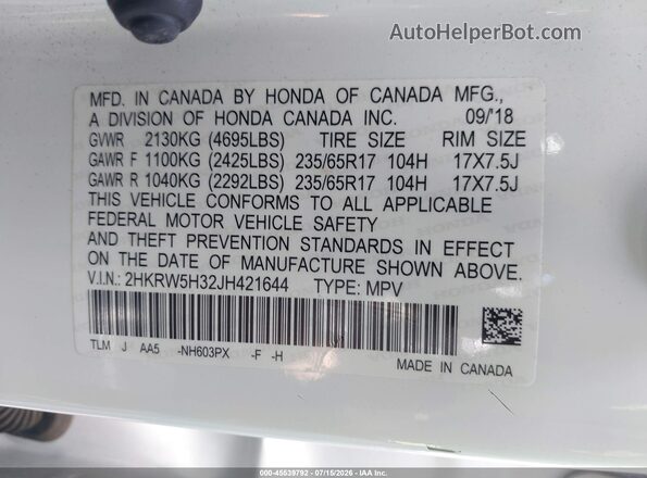 2HKRW5H32JH421644 2018 HONDA CR-V Белый Вид подкапотного пространства