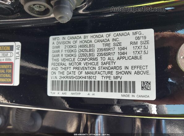 2HKRW5H33KH418012 2019 HONDA CR-V Black ძრავის განყოფილების ხედი