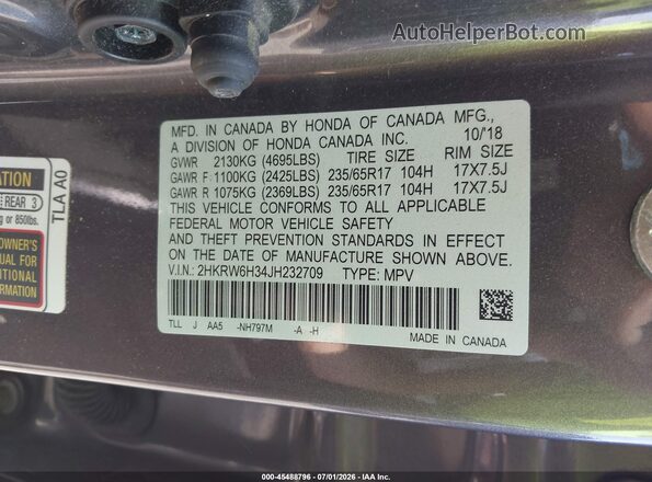2HKRW6H34JH232709 2018 HONDA CR-V Gray ძრავის განყოფილების ხედი