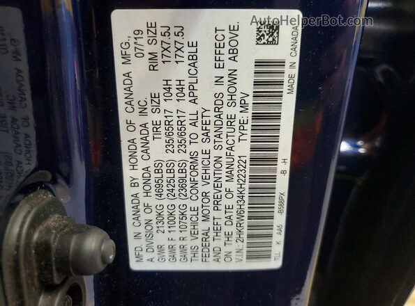 2HKRW6H34KH223221 2019 HONDA CR-V Синий Вид наклейки с VIN-кодом