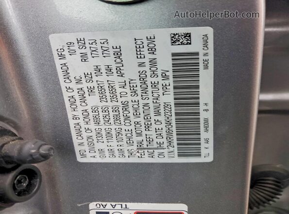 2HKRW6H34KH232291 2019 HONDA CR-V Gray Vista de la etiqueta del VIN