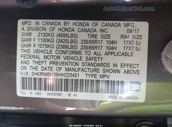 2HKRW6H39HH223451 2017 HONDA CR-V Gray Engine compartment view