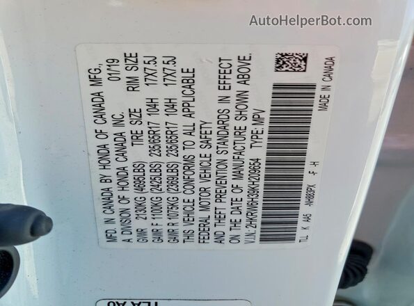 2HKRW6H39KH209654 2019 HONDA CR-V White VIN sticker view