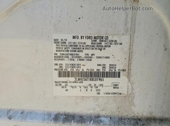 2LMHJ5AT1KBL01965 2019 LINCOLN MKT White Вид наклейки з VIN-кодом