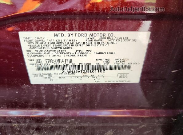 2LMHJ5AT2JBL01102 2018 LINCOLN MKT Бордовый Вид наклейки с VIN-кодом