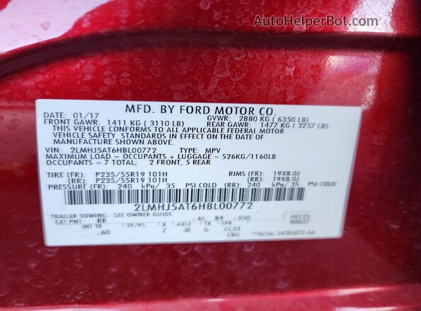 2LMHJ5AT6HBL00772 2017 LINCOLN MKT Maroon VIN კოდის სტიკერის ხედი