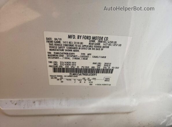 2LMHJ5AT9KBL03091 2019 LINCOLN MKT White Widok naklejki z numerem VIN