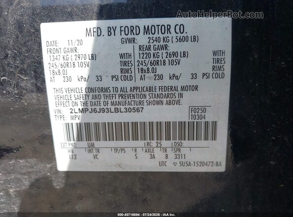 2LMPJ6J93LBL30567 2020 LINCOLN NAUTILUS Black Շարժիչի բաժամունքի տեսք