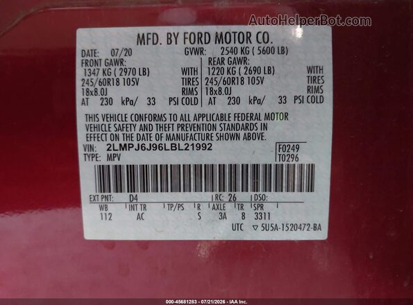 2LMPJ6J96LBL21992 2020 LINCOLN NAUTILUS Red Widok komory silnika