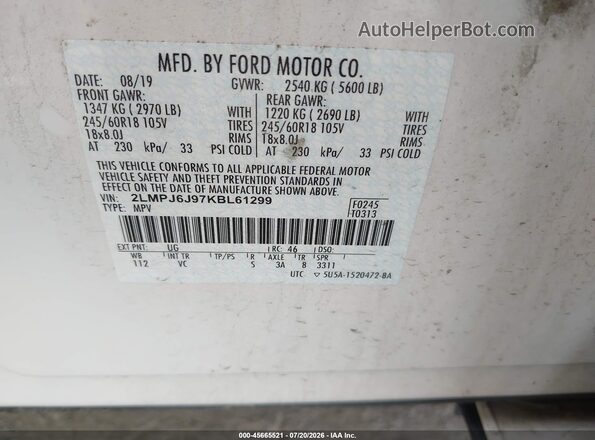 2LMPJ6J97KBL61299 2019 LINCOLN NAUTILUS White Vista del compartimento del motor