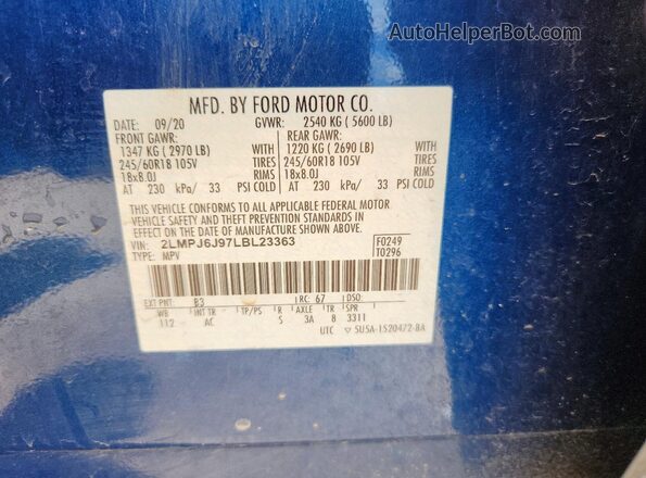2LMPJ6J97LBL23363 2020 LINCOLN NAUTILUS Blue VIN կոդի պիտակի տեսք