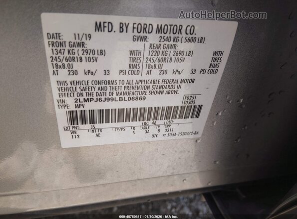 2LMPJ6J99LBL06869 2020 LINCOLN NAUTILUS Silver Engine compartment view