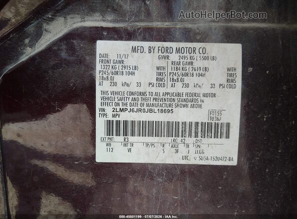 2LMPJ6JR0JBL18695 2018 LINCOLN MKX Burgundy ძრავის განყოფილების ხედი