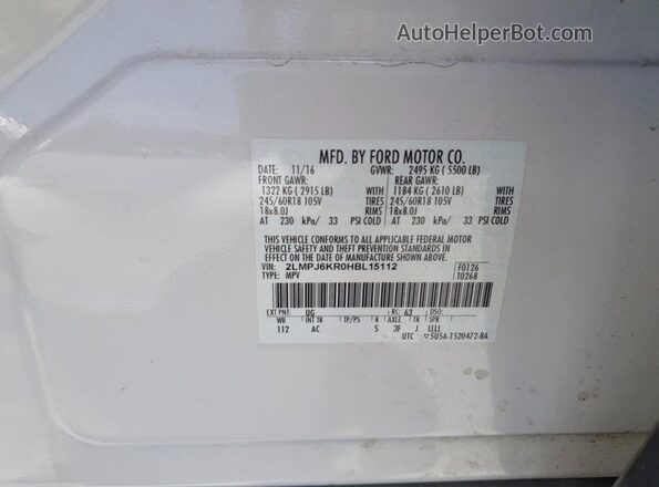 2LMPJ6KR0HBL15112 2017 LINCOLN MKX White Vista de la etiqueta del VIN