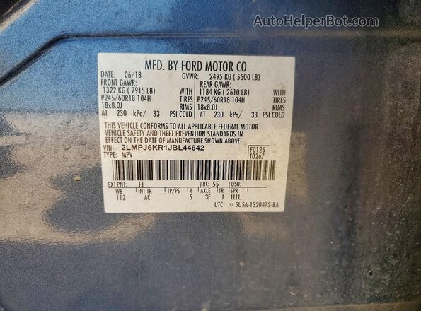 2LMPJ6KR1JBL44642 2018 LINCOLN MKX Blue Вид наклейки з VIN-кодом