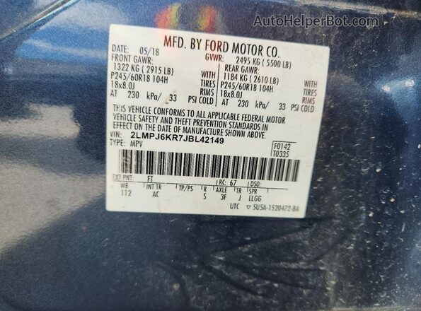 2LMPJ6KR7JBL42149 2018 LINCOLN MKX Blue Vista de la etiqueta del VIN