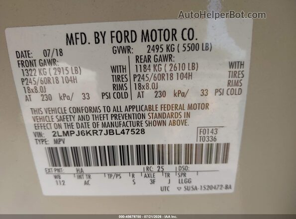 2LMPJ6KR7JBL47528 2018 LINCOLN MKX Beige Vista del compartimento del motor