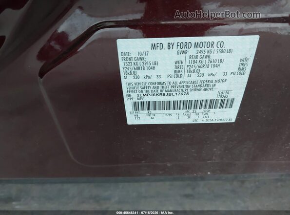 2LMPJ6KR8JBL17678 2018 LINCOLN MKX Maroon ძრავის განყოფილების ხედი