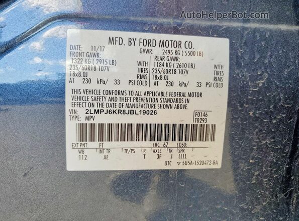 2LMPJ6KR8JBL19026 2018 LINCOLN MKX Blue Widok naklejki z numerem VIN
