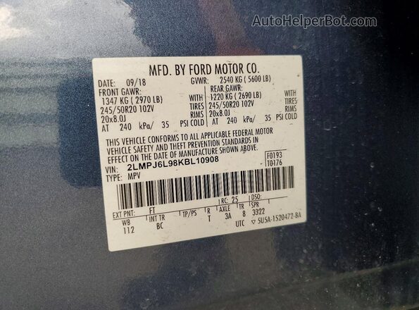 2LMPJ6L98KBL10908 2019 LINCOLN NAUTILUS Blue Вид наклейки з VIN-кодом