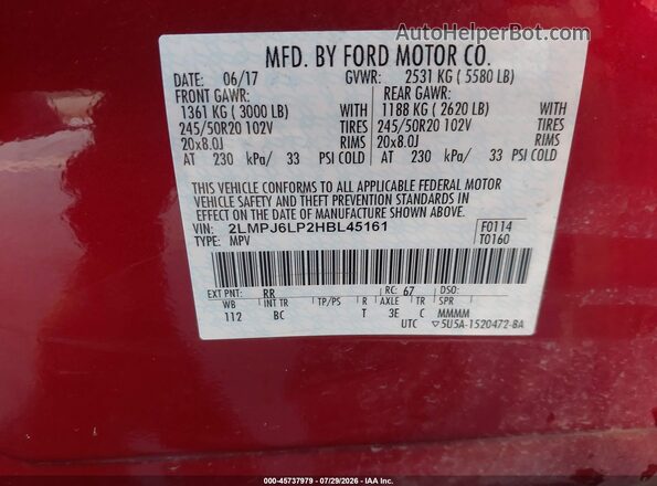 2LMPJ6LP2HBL45161 2017 LINCOLN MKX Maroon Widok komory silnika