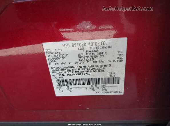2LMPJ6LPXKBL22749 2019 LINCOLN NAUTILUS Red Vista del compartimento del motor