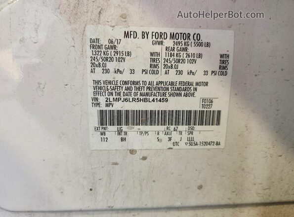 2LMPJ6LR5HBL41459 2017 LINCOLN MKX White VIN կոդի պիտակի տեսք