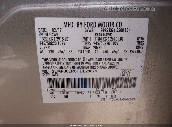 2LMPJ6LR6HBL28879 2017 LINCOLN MKX Gold Widok komory silnika